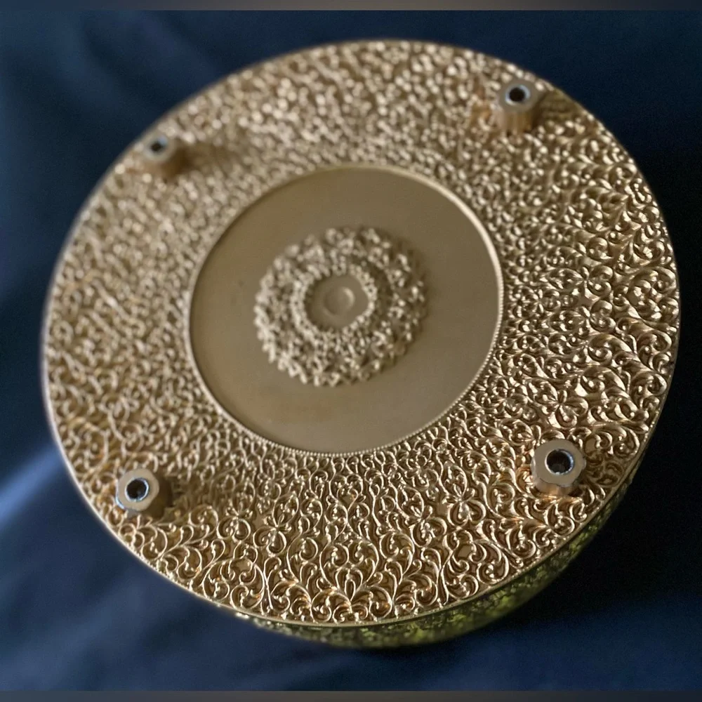 Vintage MCM Ornate Gold Hollywood Regency Round Lidded Storage Sewing Box
